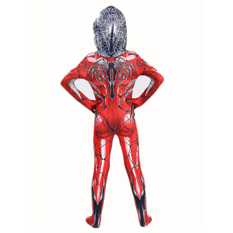 Kids Red  Spider Costume with Mesh Mask Zipper Hooded Jumpsuit for Halloween Party Cosplay Mardi Gras Performance Costume