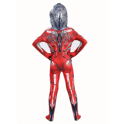 Kids Red  Spider Costume with Mesh Mask Zipper Hooded Jumpsuit for Halloween Party Cosplay Mardi Gras Performance Costume