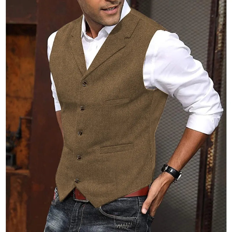 2026 Men's Business Woolen Suit Vest Fashionable British Retro Twill Vest Workwear Slim Fit Vest Elegant Classic Style Black