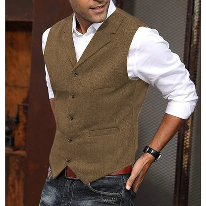 2026 Men's Business Woolen Suit Vest Fashionable British Retro Twill Vest Workwear Slim Fit Vest Elegant Classic Style Black