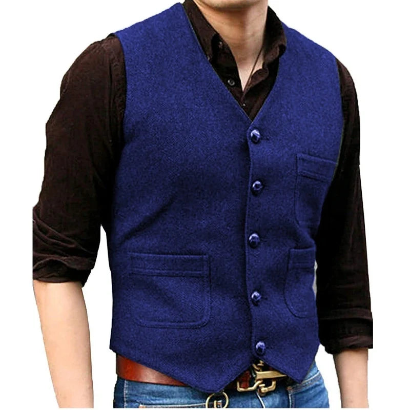 Men Vest Dark Green Herringbone Single Button V Neck With Pocket Waistcoat For Wedding Banquet Business Casual Work Men Suit