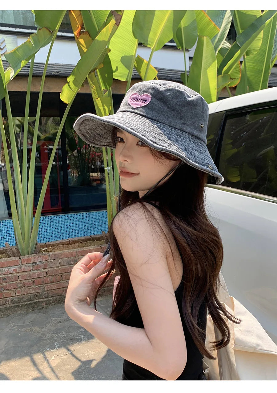 Retro Washed Bucket Hats for Women Cowboy Hats Outdoor Camping Sun Protection Sweet Pink Love Bucket Caps