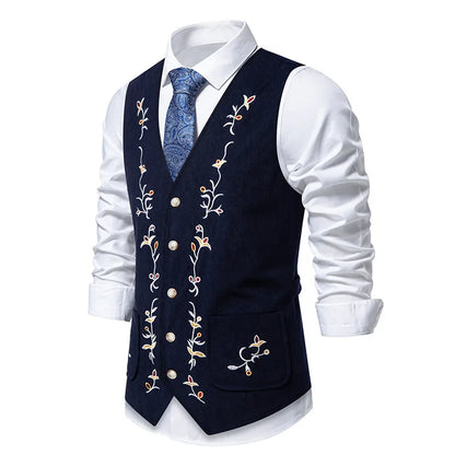 Suit Vest Man British Style Printed Single-breasted Male Waistcoat Slim V-neck Sleeveless Pocket Versatile Men Vest