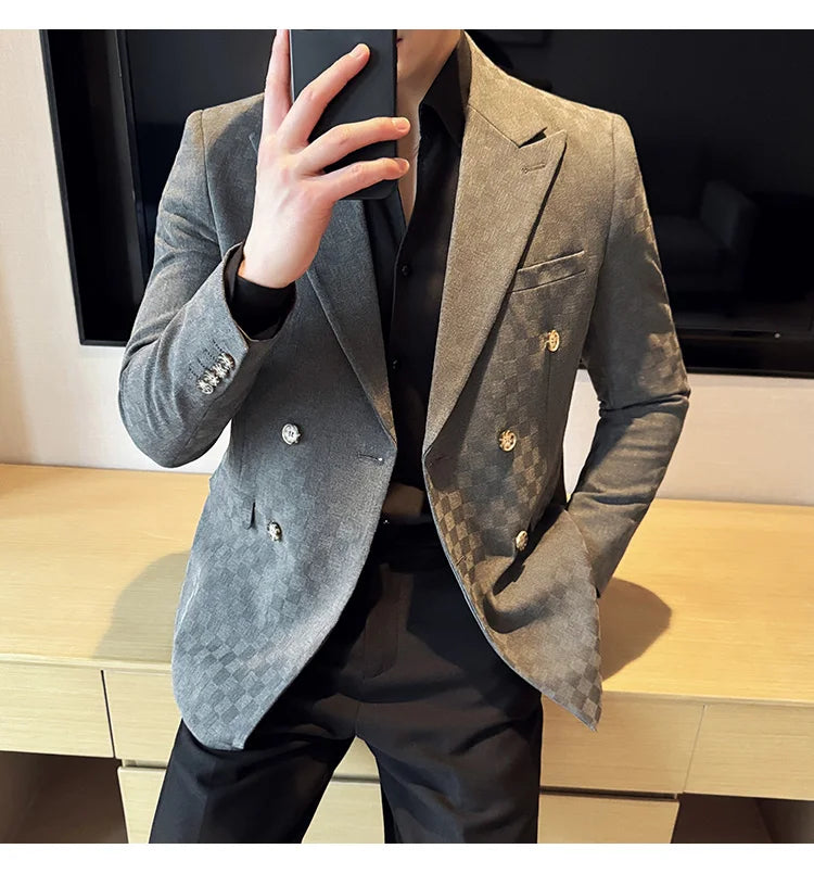 6 Color Luxury Double Breasted Blazers Coats 2024 New Fashion Checkered Business Slim Fit Social   Formal Suit Jacket 5XL-M