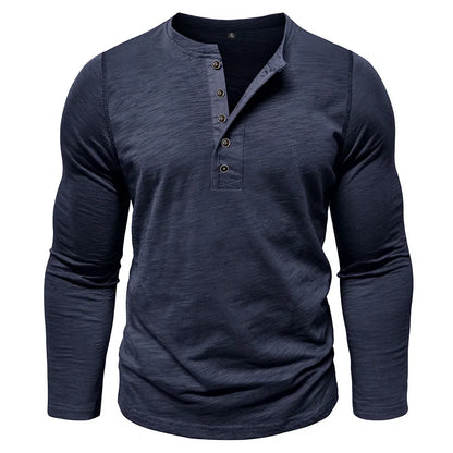 New Autumn Long Sleeve T-Shirt Mens Casual Solid Color Top Henley Neck Slim Versatile Work T-shirt Breathable Outdoor Thin Tee