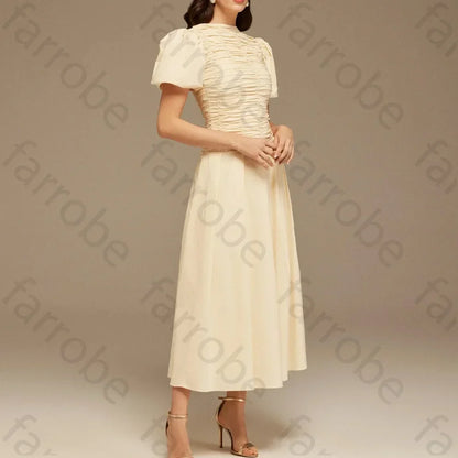 Customize Draped Top Short Sleeve Midi Dress A-Line Evening Dresses Formal Exquisite High Quality Prom Party Gowns for Women