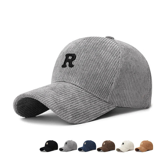 Corduroy Baseball Cap with 3D Embroidered 'R' Letter Solid Color Adjustable Structured Hat Stylish Fall and Winter Accessory