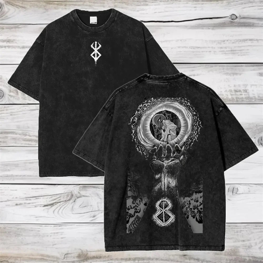 Berserk Anime Washed T Shirt Men Vintage Gothic Streetwear Tshirt Harajuku Hip Hop Graphic Tee Shirt Oversized Cotton Tops