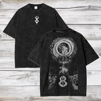 Berserk Anime Washed T Shirt Men Vintage Gothic Streetwear Tshirt Harajuku Hip Hop Graphic Tee Shirt Oversized Cotton Tops