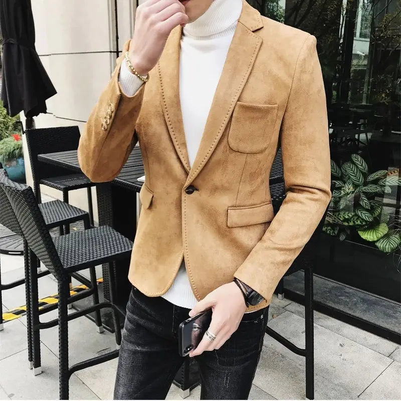 Spring Vintage Suede Suit Jacket Men Casual Business Slim Fit Blazer Deerskin Leather Jacket Men Wedding Street Wear Social Coat