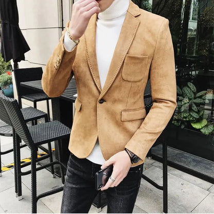 Spring Vintage Suede Suit Jacket Men Casual Business Slim Fit Blazer Deerskin Leather Jacket Men Wedding Street Wear Social Coat