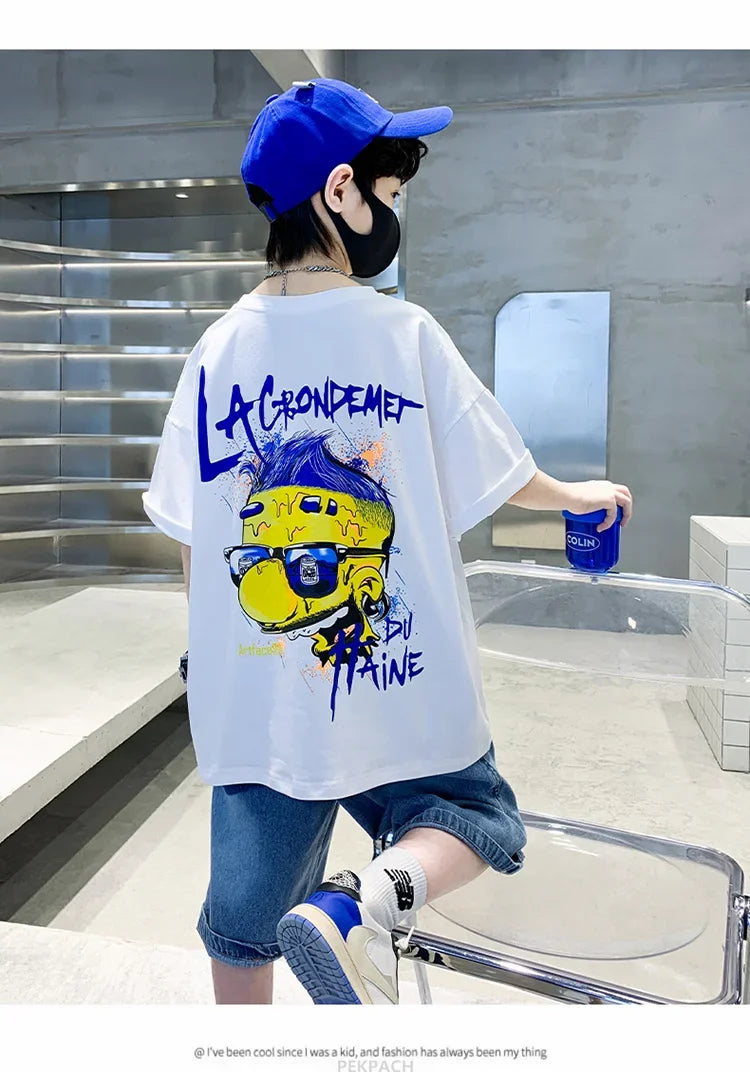 Boys New Summer Clothing Set Kids Short Sleeve T-shirt + Denim Shorts 2pc Sports Outfits for Kids Child Casual Cartoon Tracksuit