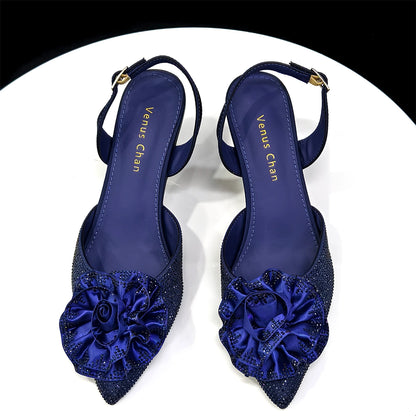 Trendy Brown High Heel Women's Shoes with 3D Rose Rhinestones & Matching Handbag Set - Italian-Inspired Pointed-Toe Design