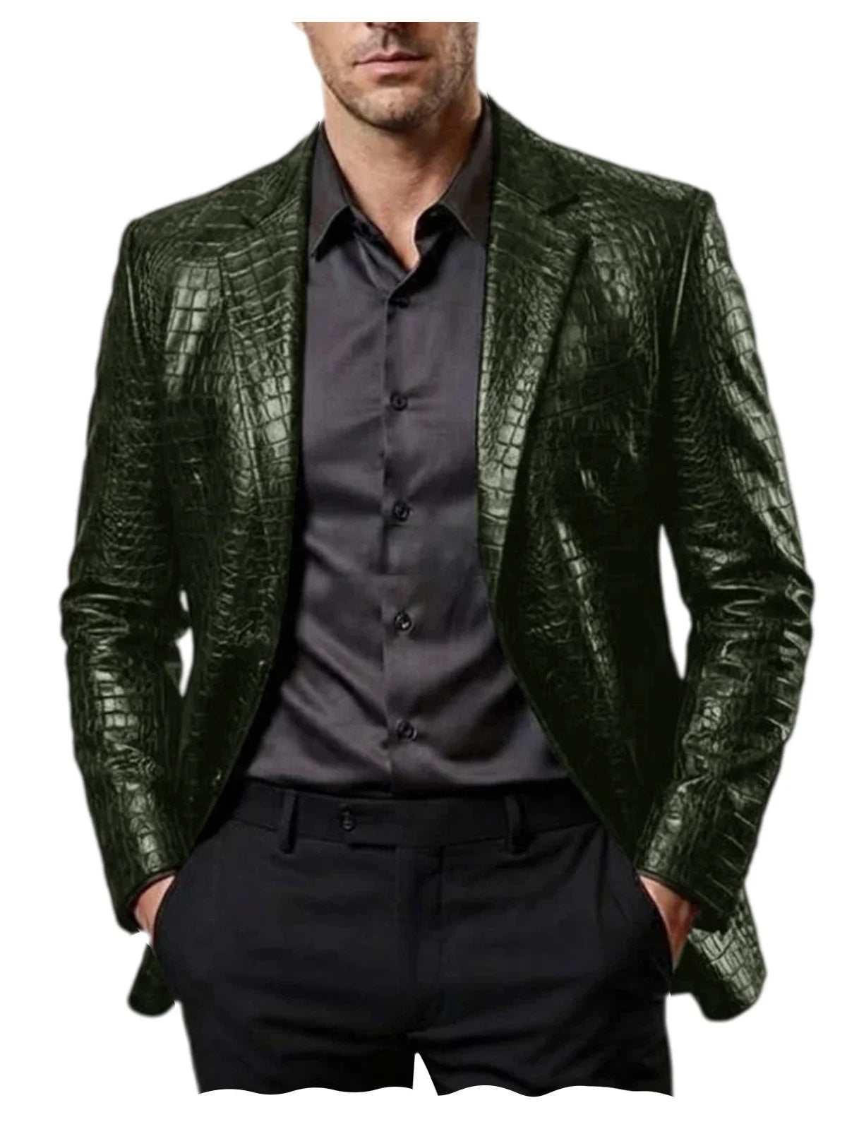 Men Crocodile Texture Leather Blazer Notched Lapel Slim Fit Single Breasted Suit Jacket Nightclub Party Business Outer Coat