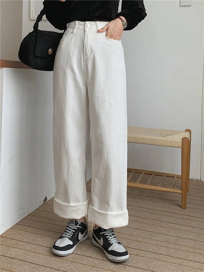Korean Sle Simple Pure Color Wide Leg Jeans Pants for Women Summer Season Fall Collection Faion Ladies Premium Denim