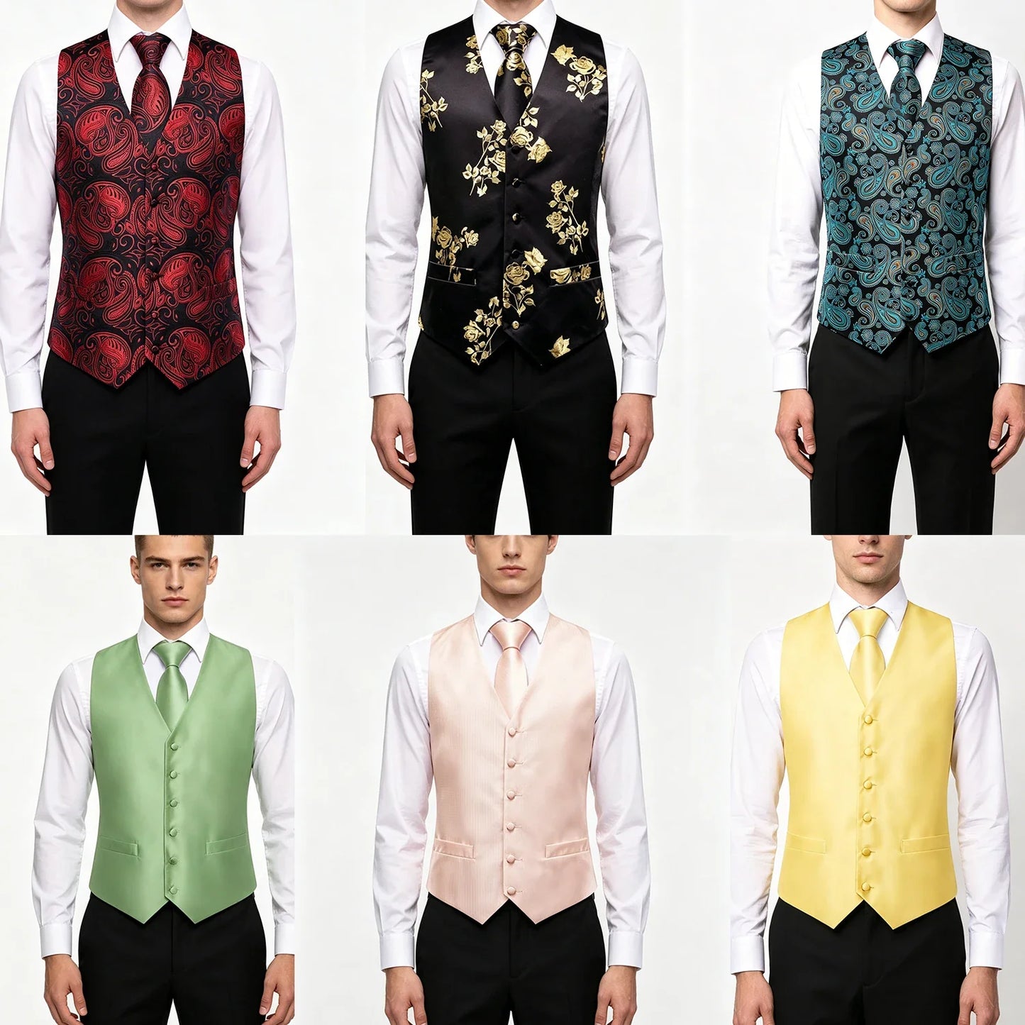 Formal Rose Pattern Paisley Plain Solid Mens Vest Party Wedding Waistcoat Pocket Square Tie  Hankie Suit Set