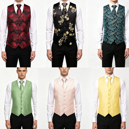 Formal Rose Pattern Paisley Plain Solid Mens Vest Party Wedding Waistcoat Pocket Square Tie  Hankie Suit Set