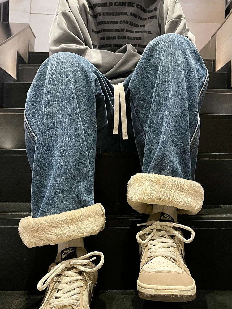 Men's Winter Jeans Fleece-Lined Brushed Thick Warm Denim Pants Korean Style Straight Fit Insulated Trousers Asians Size M-3XL