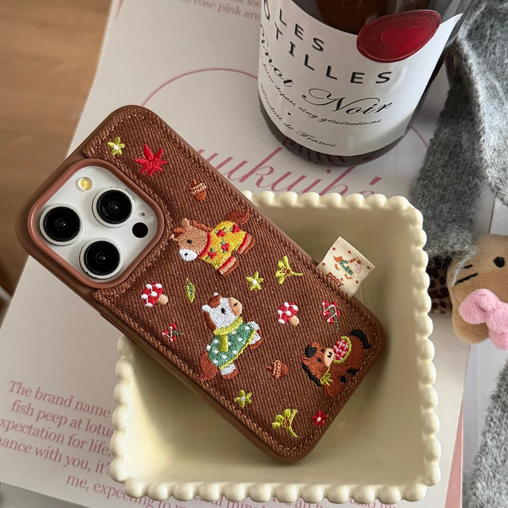 Cute Brown Embroidered Pony Mushroom With Lanyard Shockproof Protective Phone Cover Case for iPhone 17 16 15 14 Pro Max