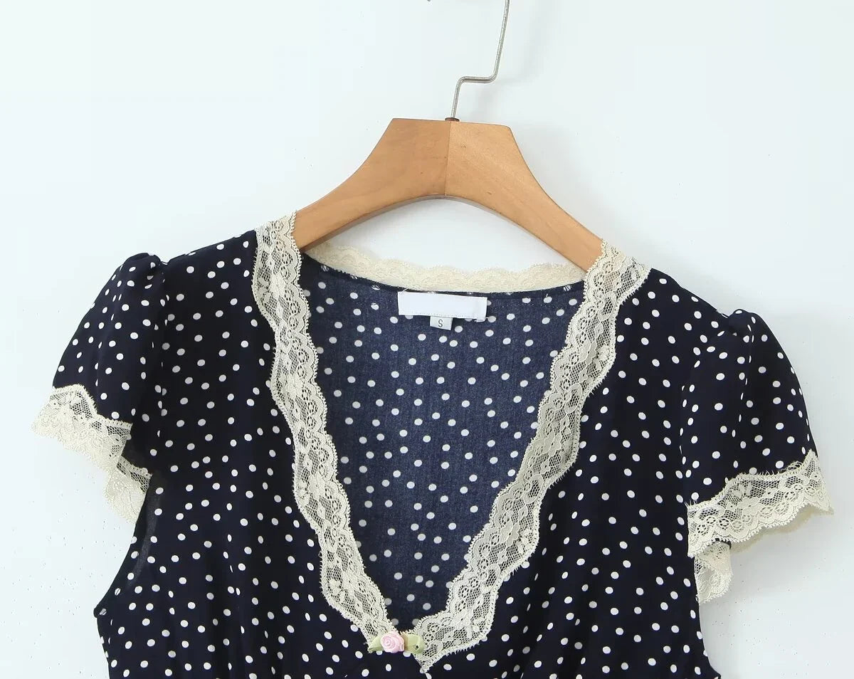 2025 Women Navy Blue Polka Dot Long Dress Lace Trim V Neck Short Sleeve A-line Elegant Holiday Dresses Summe Maxi Robe