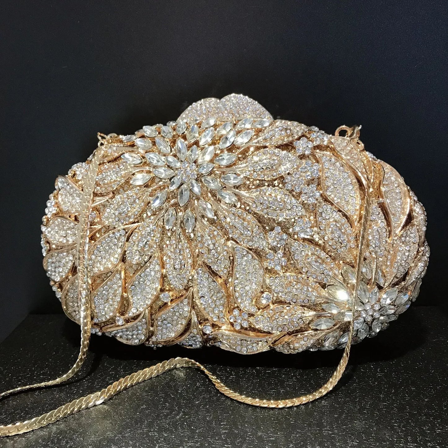 Gold Metal Leaves White Crystals Evening Clutch Bags Luxury Women Wedding Party Purse Ball Handbags Rhinestone Mini Shell Bag
