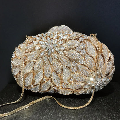 Gold Metal Leaves White Crystals Evening Clutch Bags Luxury Women Wedding Party Purse Ball Handbags Rhinestone Mini Shell Bag
