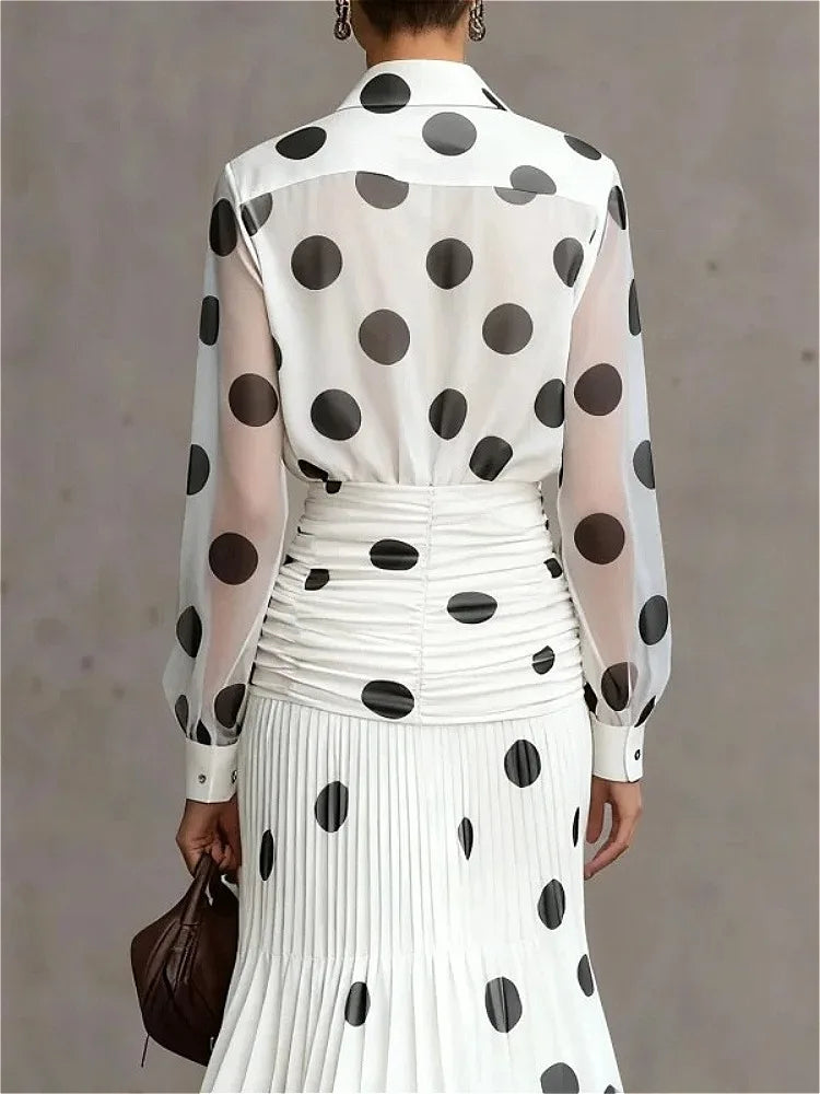 Modigirl Women's Vintage Polka Dot Chiffon Shirt 2026 Semi Sheer Sleeves Slimming Versatile for Daily Office Early Autumn Wear