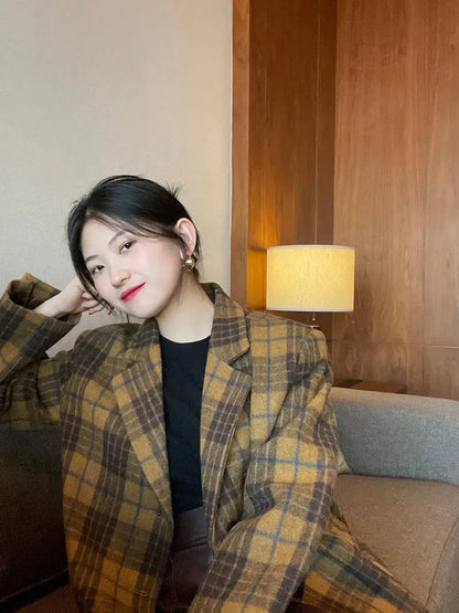 Women's Mid-Length Plaid Wool Coat 2025 Autumn Winter Arrival, Korean Style Warm Blazer, Trendy Yellow Brown Checkered Jacket