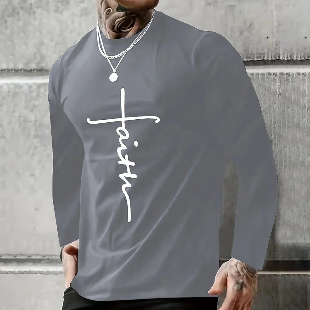 Vintage T Shirt 3D Simple Cross Print Casual Long Sleeve Men's Loose O Neck Comfortable Sweatshirt European Clothing 7Xl