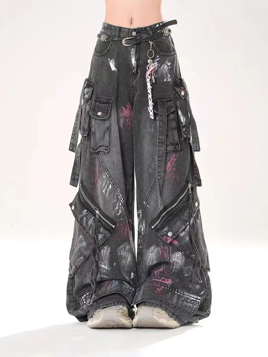 Y2K Harajuku Gothic Multi-Pocket Washed Black Jeans Men And Women American 2000s Heavy Industry Oversize Hip Hop Wide Leg Pants