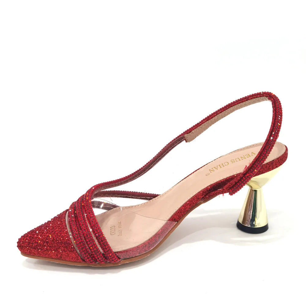 Italian Pointed Toe Wedding Shoes Gold Color Summer Sandal for Women 2023 High Heels Rhinestone Shoe and Bag Set
