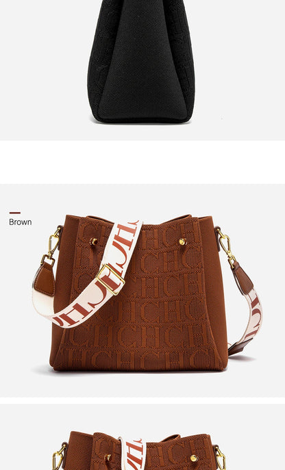 New Jacquard Letter Women Bucket Bag Wide Printed Strap Crossbody Purse Large Capacity Ladies Casual Daily Handbag Gift