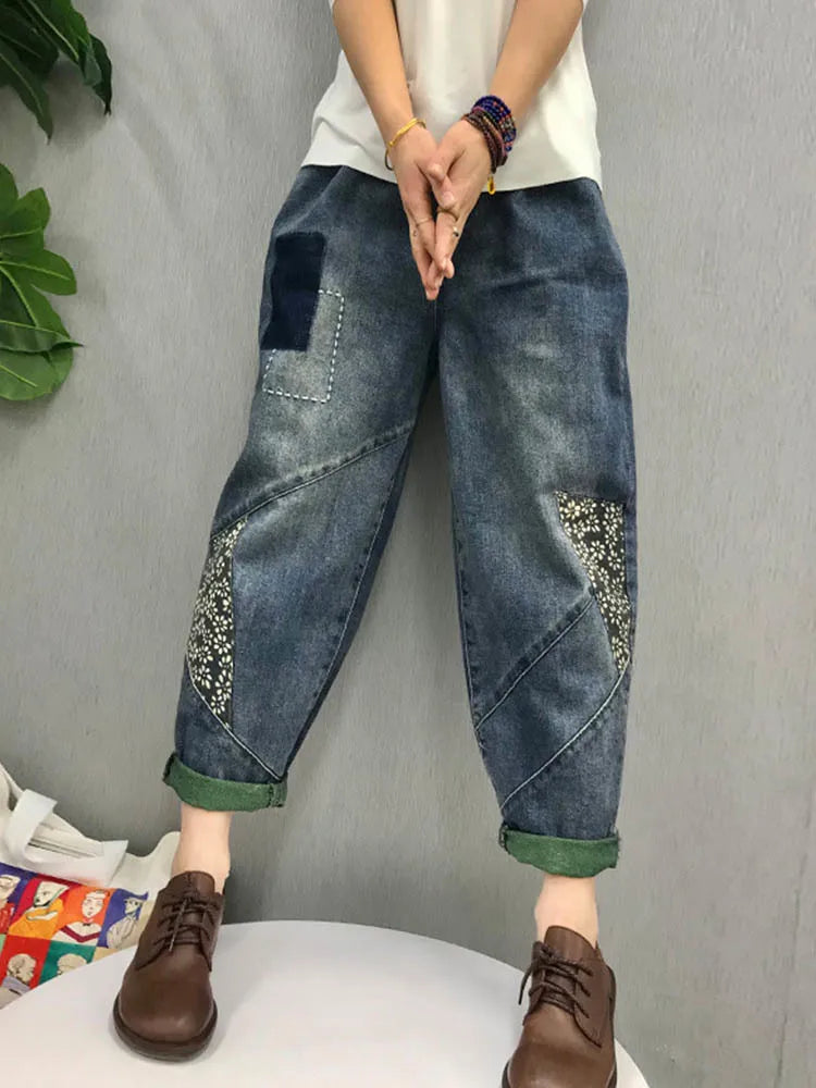 2024 Chinese Style Spring Womens Printed Patchwork Jeans Ladies Vintage Blue Denim Pants Female Casual Punk Pantalons