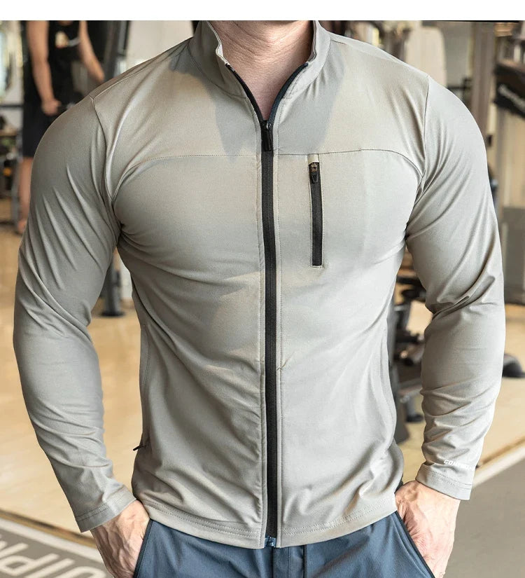 Quick Drying Clothes Men Autumn Sports T-shirt Stand Neck Loose Long Sleeved Outdoor Running Tracksuit Breathable Half Zip Top