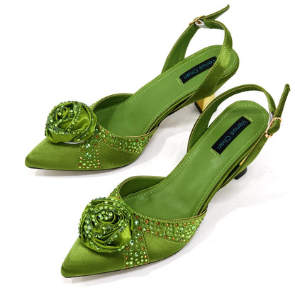 Sparkling Rhinestone Rose Pumps With Medium Heel for Nigerian Women's Party, Pointed Toe Shoes and Matching Bags