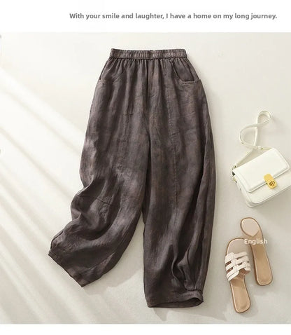 Retro Waterprint Linen Casual Nine-Piece Pants plus Size Women's Loose Elastic Waist Versatile Wide Leg Harlan Pants