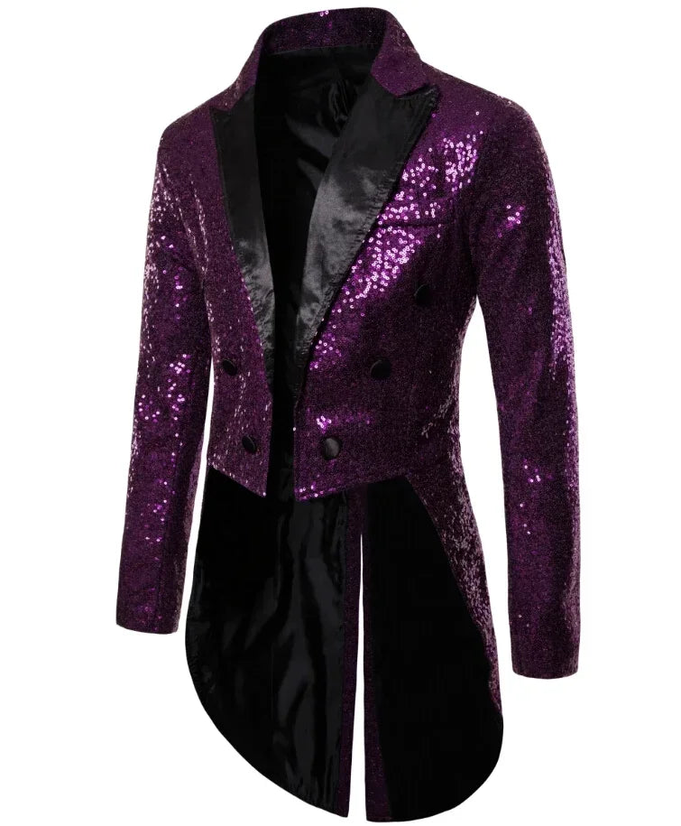 Shiny Gold Sequins Glitter Tailcoat Suit Jacket Male Double Breasted Wedding Groom Tuxedo Blazer Men Party Stage Prom Costume