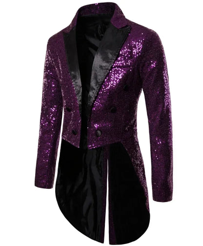 Shiny Gold Sequins Glitter Tailcoat Suit Jacket Male Double Breasted Wedding Groom Tuxedo Blazer Men Party Stage Prom Costume