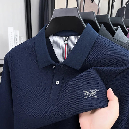 100% pure cotton high-end luxury brand men's long sleeved polo shirt autumn fashion original embroidery design golf top T-shirt