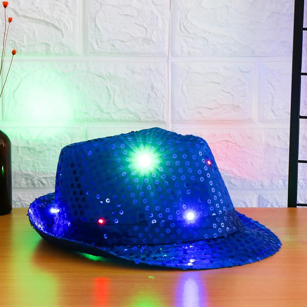 Stage Performance Flashing Light Up Led Fedora Trilby Jazz Hat Panama Cap Sequin