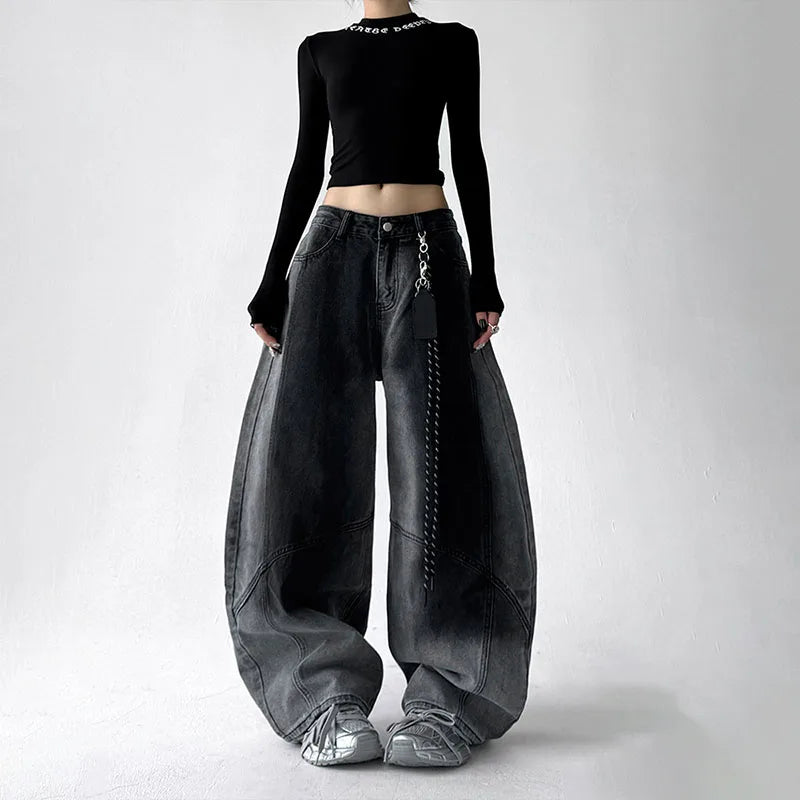 Korean Retro Gradient Jeans For Women Straight Leg Pants Wide Leg Casual Pants Blue Jeans Y2k Pants Baggy Without Pendant