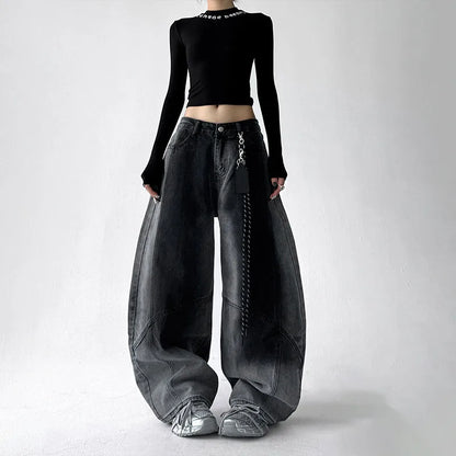 Korean Retro Gradient Jeans For Women Straight Leg Pants Wide Leg Casual Pants Blue Jeans Y2k Pants Baggy Without Pendant