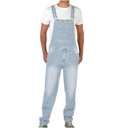Overalls Jeans Men Ankle Length Jumpsuits Straight Pants Spliced One Piece Pockets Loose Vintage Wash Denim Casual Solid