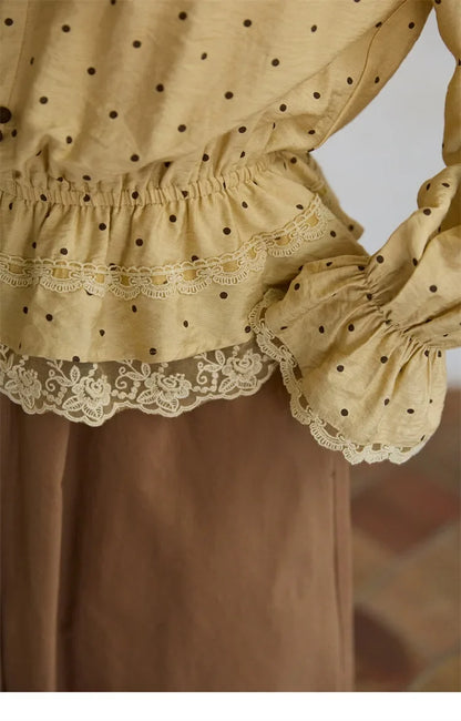 Autumn Yellow Polka Dot Linen Blouse 2025 Autumn Lace V-neck Commuter Top Flare Sleeve Elastic Waist Shirts MXE42X1975