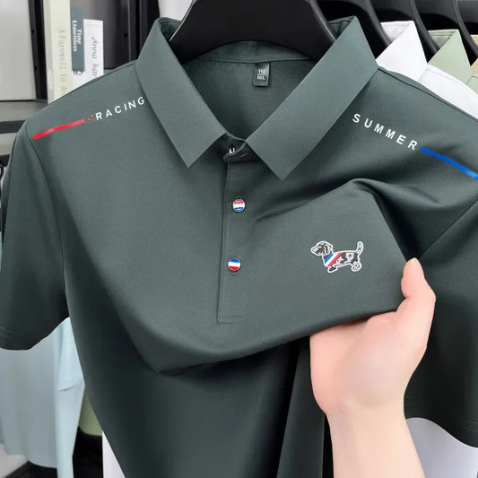 New Business Men's Lapel Polo Shirt High End Design Cartoon Dog Print Short Sleeve T-Shirt Summer Fashion Breathable Men's Wear