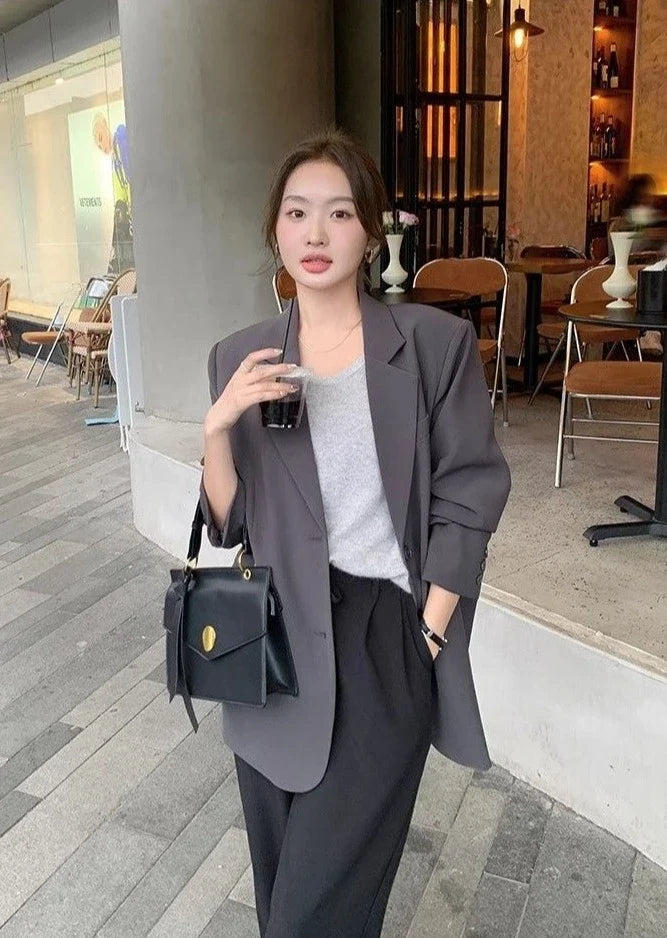 New Arrival Slim Fit Grey Blazer Jacket for Petite Women - Casual Chic Asymmetric Hem Design, Unique Small Size Office-Ready
