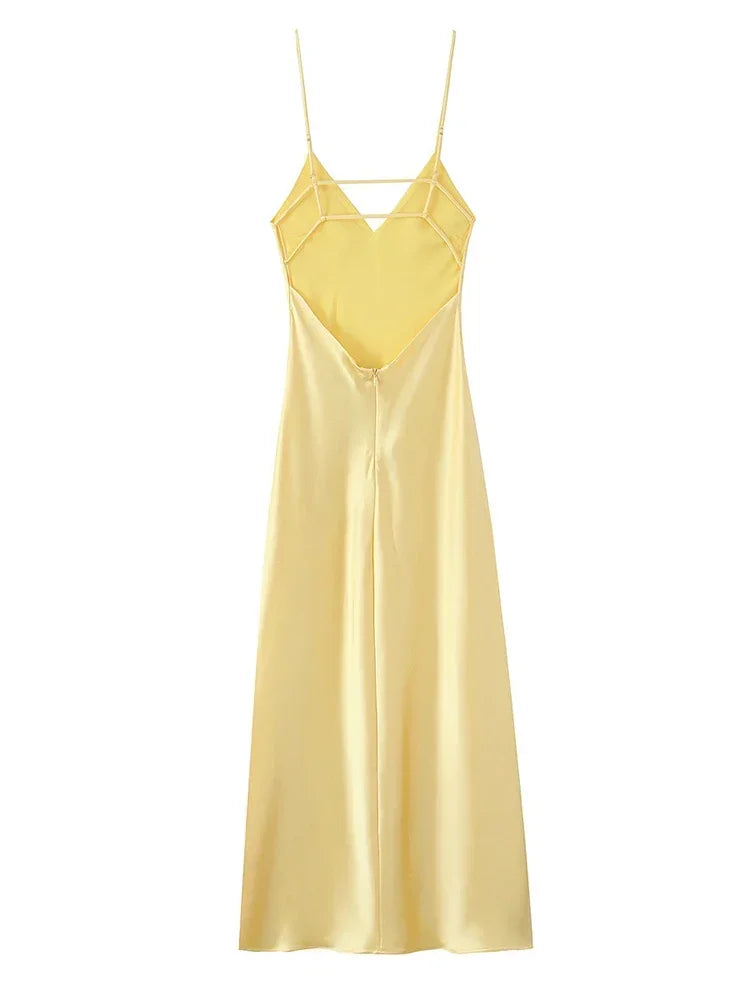Yellow Satin Sling Dress Women Elegant V Neck Sleeveless Backless High Waist Maxi Dresses 2025 Summer Lady Party Evening Robes