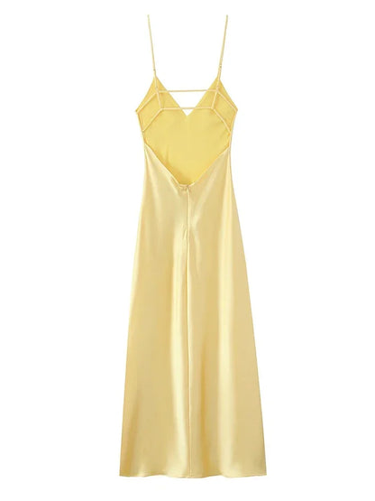 Yellow Satin Sling Dress Women Elegant V Neck Sleeveless Backless High Waist Maxi Dresses 2025 Summer Lady Party Evening Robes