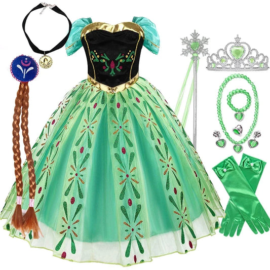 Girls Princess Anna Dress Birthday Party Dresses Halloween Disguise Cosplay Costume Fancy Green Dress Up Fantasia Anna Costumes