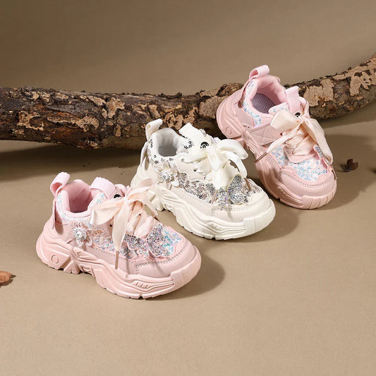 Children Shoes 2025 New Spring Toddler Girls Sport Shoes Bling Bling Soft Sole Breathable Outdoor Tennis Fashion Kids Sneakers
